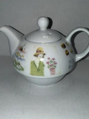 Unbranded Ceramic Mini Teapot Lady in Green Cloche Hat Cupcakes Flowers